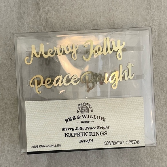 Christmas Napkin Rings Set Of 4 Gold Jolly Merry Peace Bright Bee & Willow NEW - Picture 6 of 8